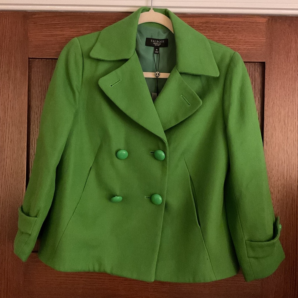 NWT Talbots Green Jackie Fit Double Breasted Blazer Jacket 8P